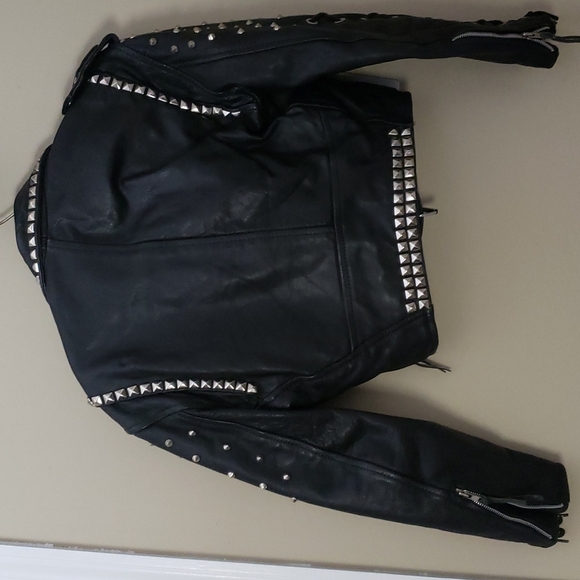 L.A. ROXX USA made real leather studded and laced waist length Medium heavy coat - Picture 2 of 2